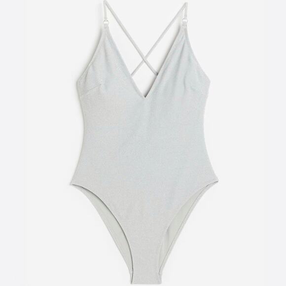 H&M Plunge One Piece Swimsuit Size XL Silver Glitter Maillot Sexy Glam High Cut - Picture 1 of 7